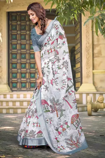 white cotton blend saree floral print
