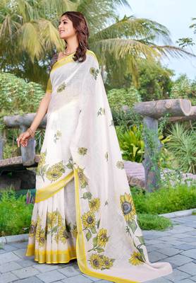 white yellow cotton blend saree with floral border print 3