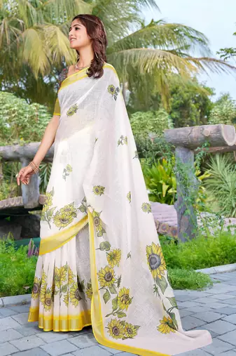 white yellow cotton blend saree with floral border print