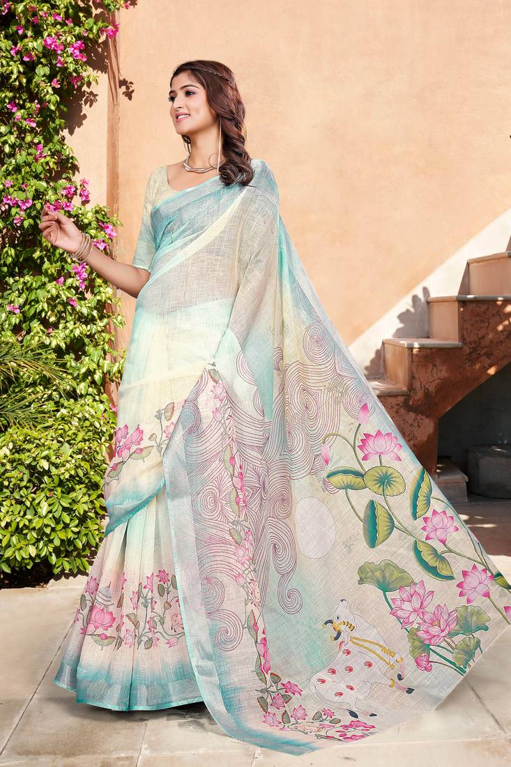 pastel multicolor cotton blend saree floral print