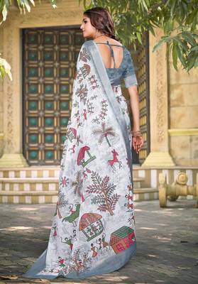 white cotton blend saree floral print 5