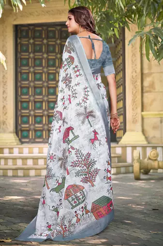 white cotton blend saree floral print