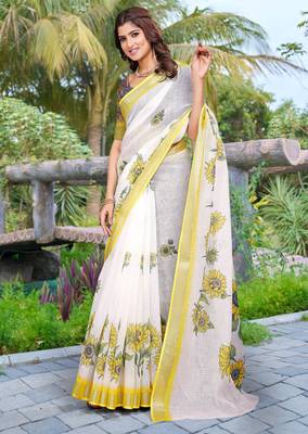 white yellow cotton blend saree with floral border print 4