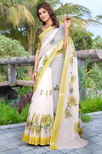white yellow cotton blend saree with floral border print