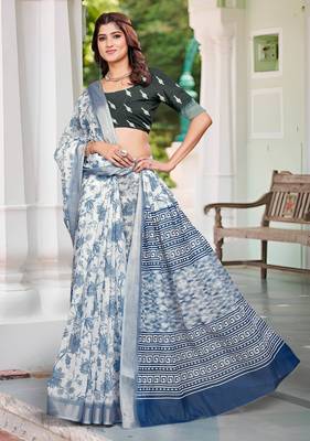 white blue cotton blend saree with floral print 4