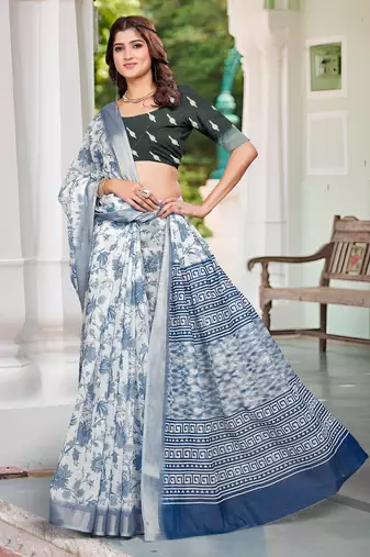 white blue cotton blend saree with floral print