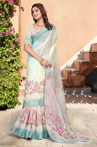 pastel multicolor cotton blend saree floral print
