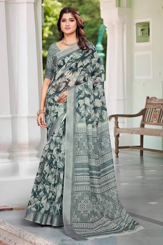 charcoal grey cotton blend saree with floral print
