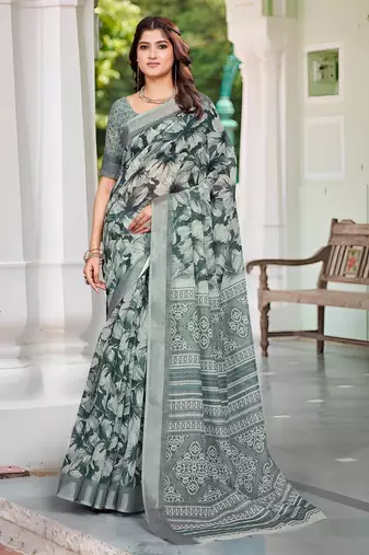 charcoal grey cotton blend saree with floral print