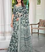 charcoal grey cotton blend saree with floral print