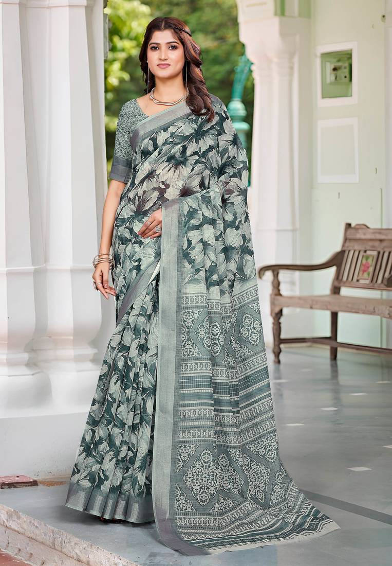 charcoal grey cotton blend saree with floral print