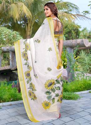 white yellow cotton blend saree with floral border print 5