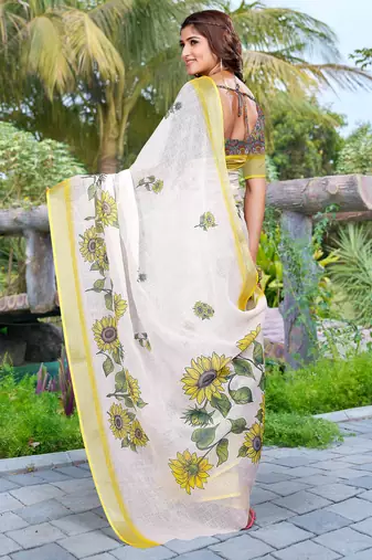 white yellow cotton blend saree with floral border print
