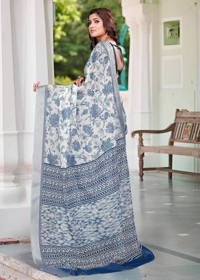 white blue cotton blend saree with floral print 5