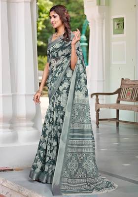 charcoal grey cotton blend saree with floral print 2