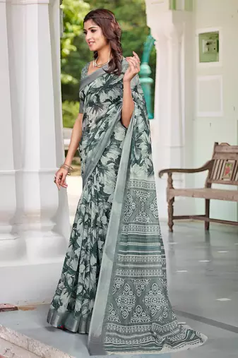 charcoal grey cotton blend saree with floral print
