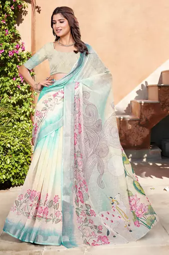 pastel multicolor cotton blend saree floral print