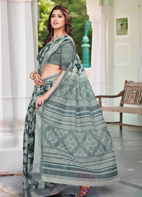 charcoal grey cotton blend saree with floral print 3