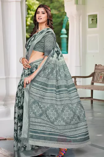 charcoal grey cotton blend saree with floral print