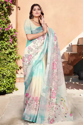 pastel multicolor cotton blend saree floral print