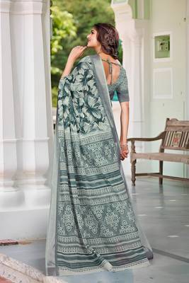 charcoal grey cotton blend saree with floral print 4
