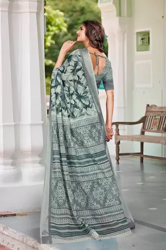charcoal grey cotton blend saree with floral print