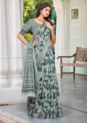charcoal grey cotton blend saree with floral print 5