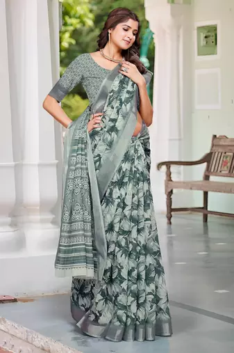 charcoal grey cotton blend saree with floral print