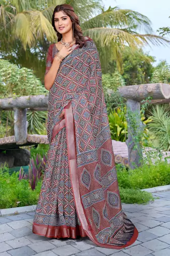 grey cotton blend digital print saree