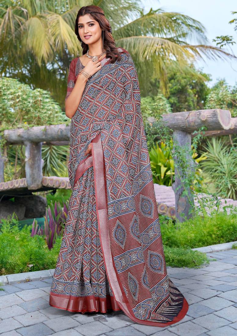 grey cotton blend digital print saree
