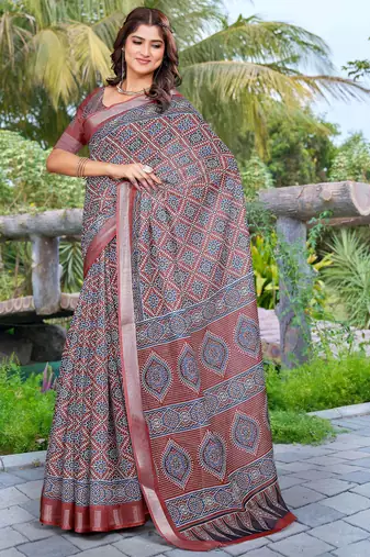 grey cotton blend digital print saree