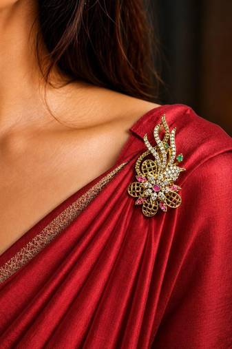 Elegant Gold Tone Floral Saree Brooch Pin, CZ Stone Detailing, Bridal Jewelry