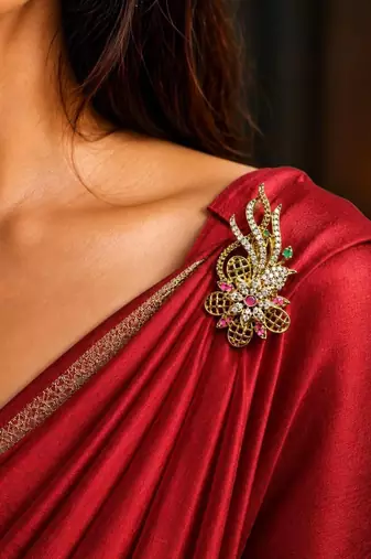 Elegant Gold Tone Floral Saree Brooch Pin, CZ Stone Detailing, Bridal Jewelry