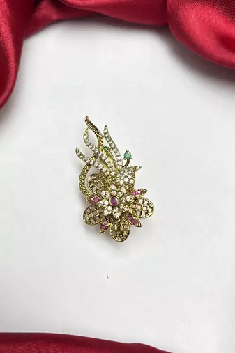 Elegant Gold Tone Floral Saree Brooch Pin, CZ Stone Detailing, Bridal Jewelry