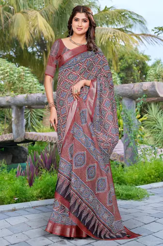 grey cotton blend digital print saree