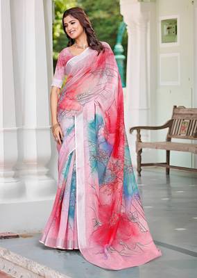 pink cotton blend saree floral print 1