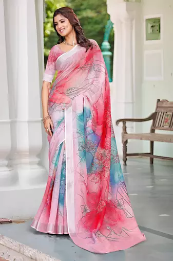 pink cotton blend saree floral print