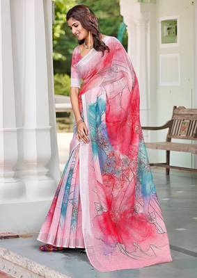 pink cotton blend saree floral print 2