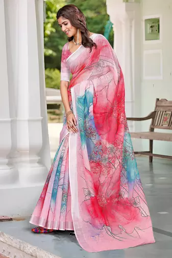 pink cotton blend saree floral print
