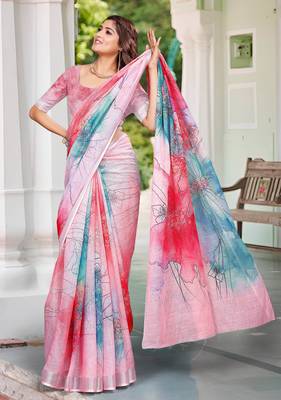 pink cotton blend saree floral print 3