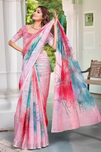 pink cotton blend saree floral print