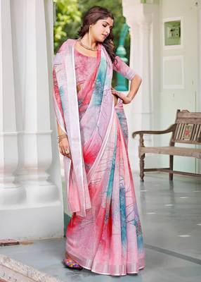 pink cotton blend saree floral print 4