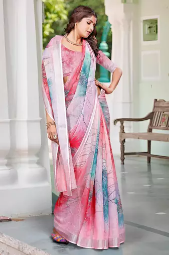 pink cotton blend saree floral print