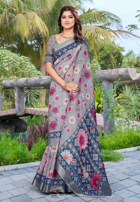 grey pink cotton blend saree with floral print 1