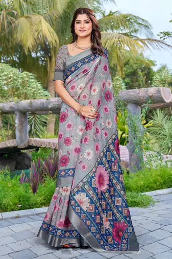 grey pink cotton blend saree with floral print