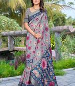 grey pink cotton blend saree with floral print