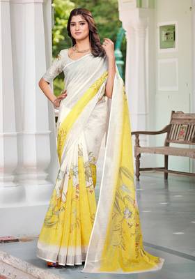 yellow white cotton blend saree with floral print 1