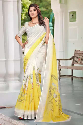 yellow white cotton blend saree with floral print