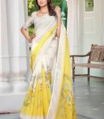 yellow white cotton blend saree with floral print