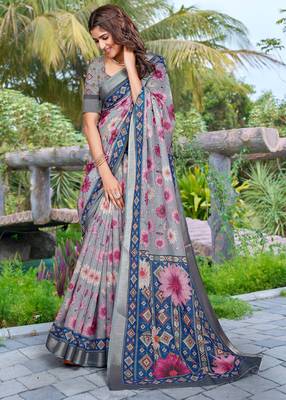 grey pink cotton blend saree with floral print 2